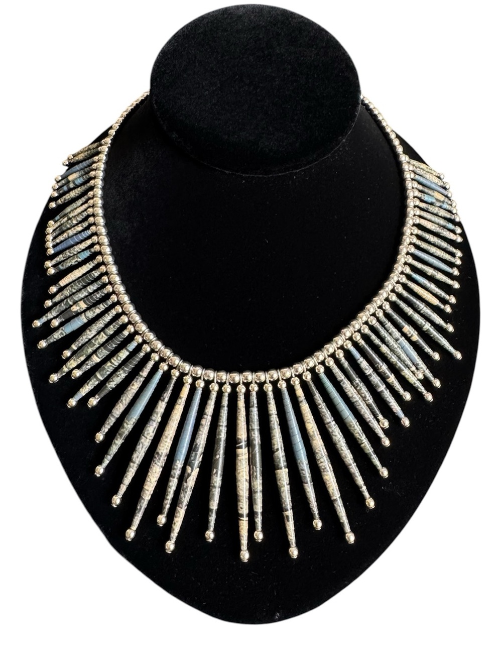 Vintage Fringe Statement Necklace Beaded Handmade Silver Tone Cleopatra Collar